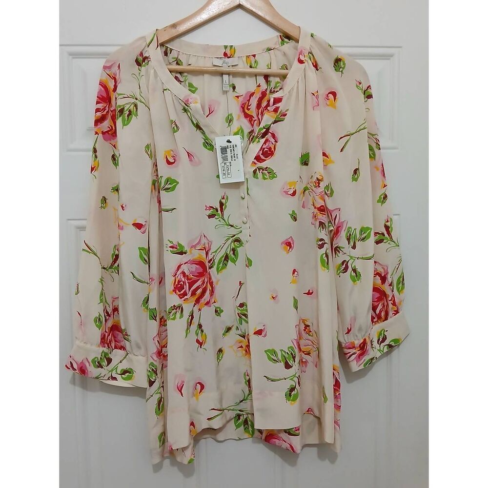 Joie womens large 100% silk floral blouse green cream beige button front $198
